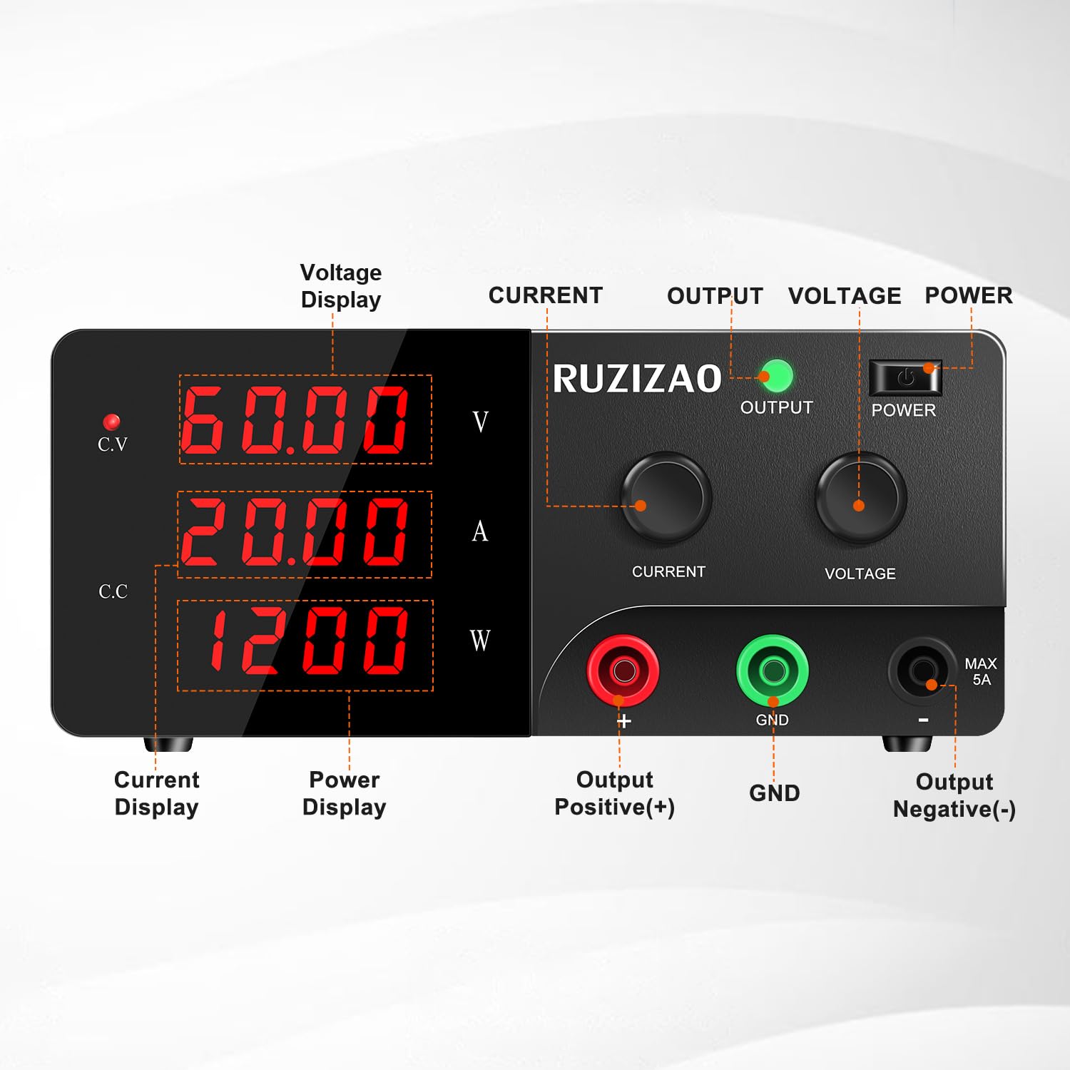 Alimentatore da Banco 60V 20A 1200W Alta Potenza Alimentatore da Laboratorio Regolabile con OUTPUT/Encoder, Professionale Alimentatore DC con Display a LED a 4 Cifre e Uscita Stabile