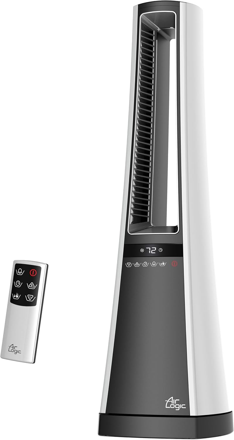 Lasko Oscillating Bladeless Ceramic Tower Space Heater for Home with Enhanced Safety, Adjustable Thermostat, Filter, Timer and Remote Control, 27 Inches, Silver, 1500W, AW300