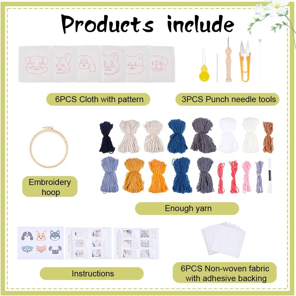 ORIGACH 6 Set Puppy Punch Needle Coasters Kit with Pattern, Adhesive Felts, Yarn, Tools and Instruction Dog Punch Needle Embroidery Kit for Beginners Adults DIY Mug Tufted Rug Making Set