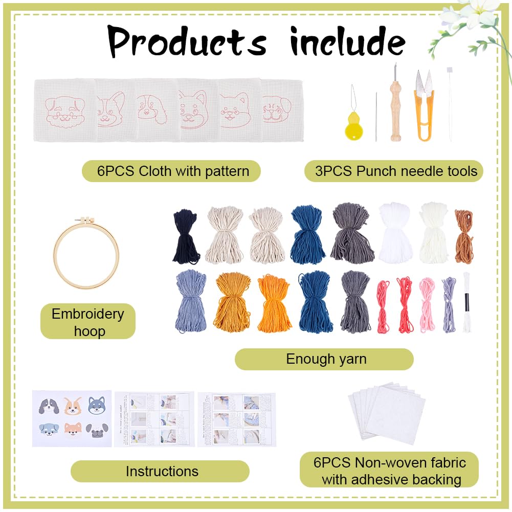 ORIGACH 6 Stück Stanznadel Untersetzer Starter Kit für Anfänger mit Anleitung, DIY Punch Needle Handwerk Stickerei Kit mit Filz Garne Stanznadelstoff, Welpenmotiv