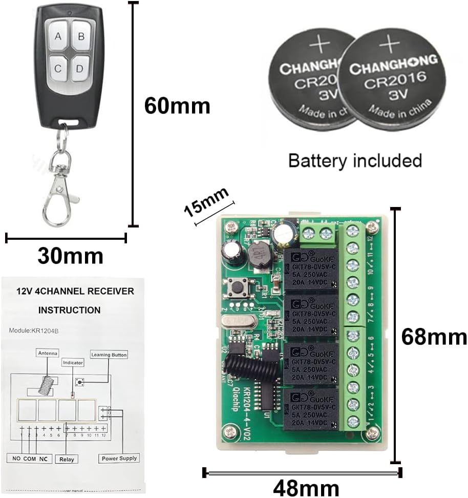 QIACHIP 4-button remote control transmitter and CR2016/CR2032 batteries