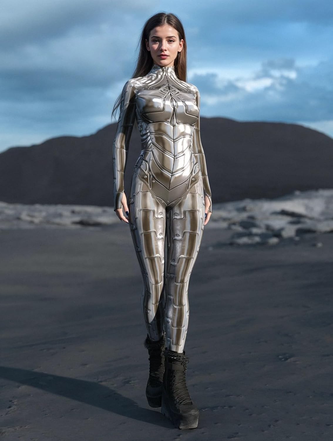 Silver Armor Print Bodysuit for Women Full Body Metallic Sci-Fi Jumpsuit Long Sleeve Stretch Cosplay Costume