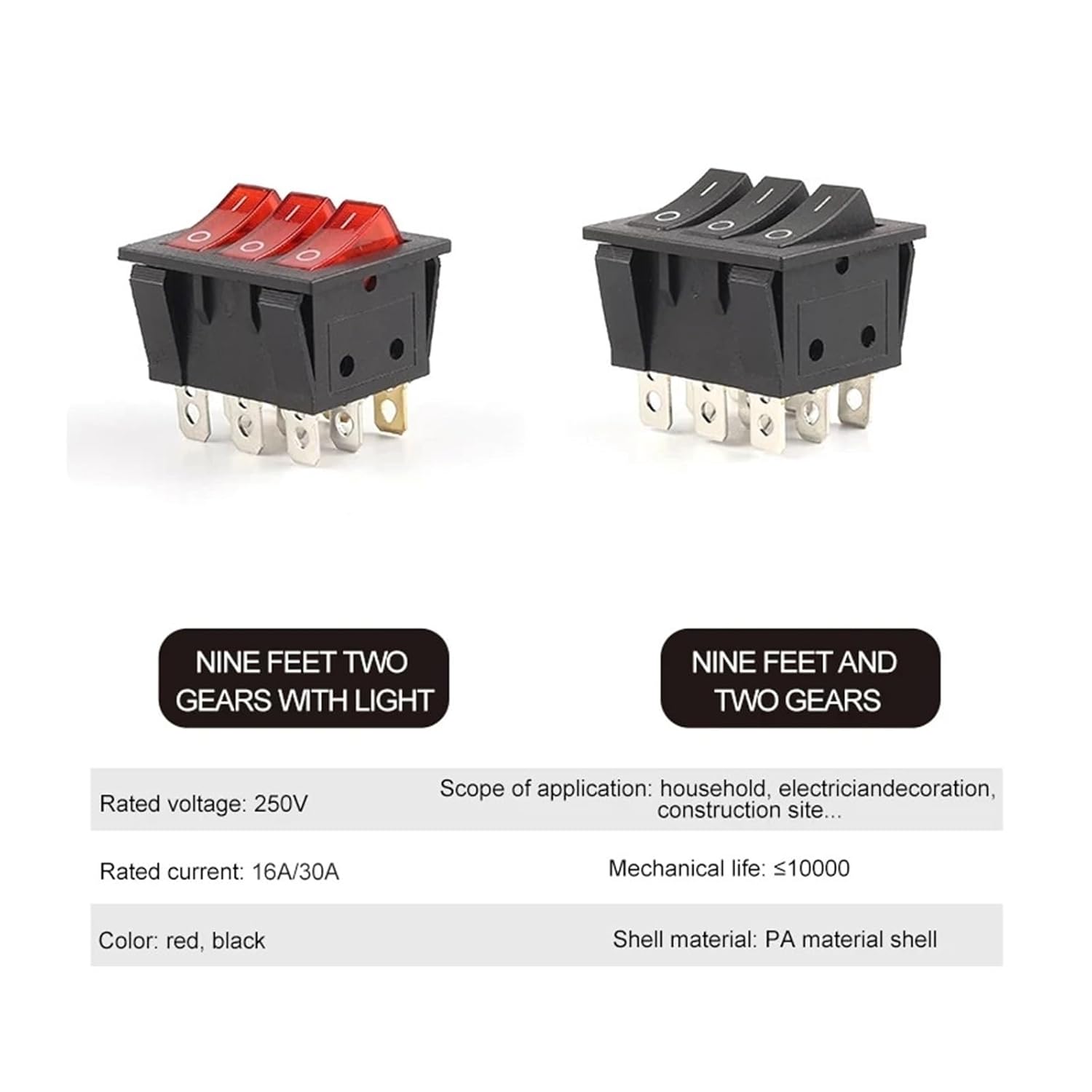 1pc 40.3X33.3mm Rocker Switch KCD3 Red Light 3 Way Black Switch 9 Pin 2 Position On-Off/On-On 16A/30A 250VAC Triple Power Switch(Black)