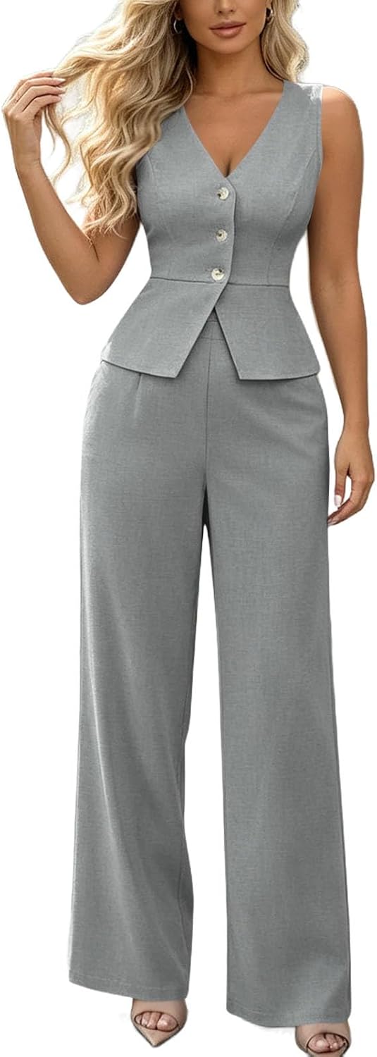 Women 2 Piece Business Outfits V Neck Button Up Sleeveless Vest Straight Leg High Waisted Trousers with Pockets