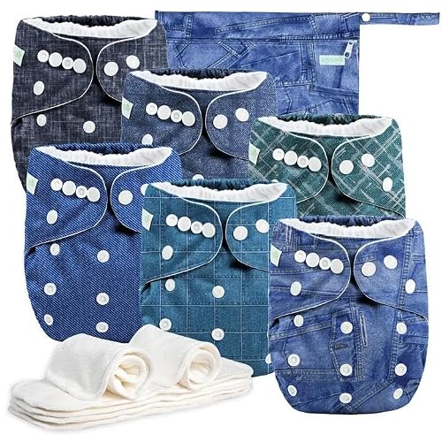 wegreeco Cloth Diapers 6 Pack with 6 Inserts & 1 Wet Bag, Washable Cloth Diapers for Babies, One Size Adjustable Reusable (Jeans)