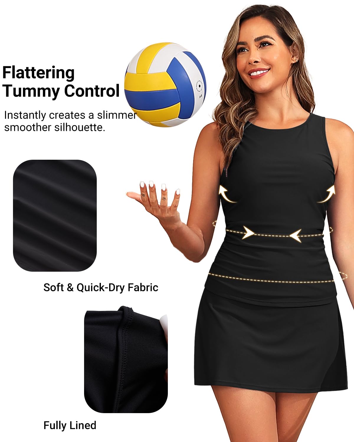 Daci Tankini-Badeanzug für Damen, mit Rock, zweiteilig, Bauchkontrolle, Badeanzug, hoher Halsausschnitt