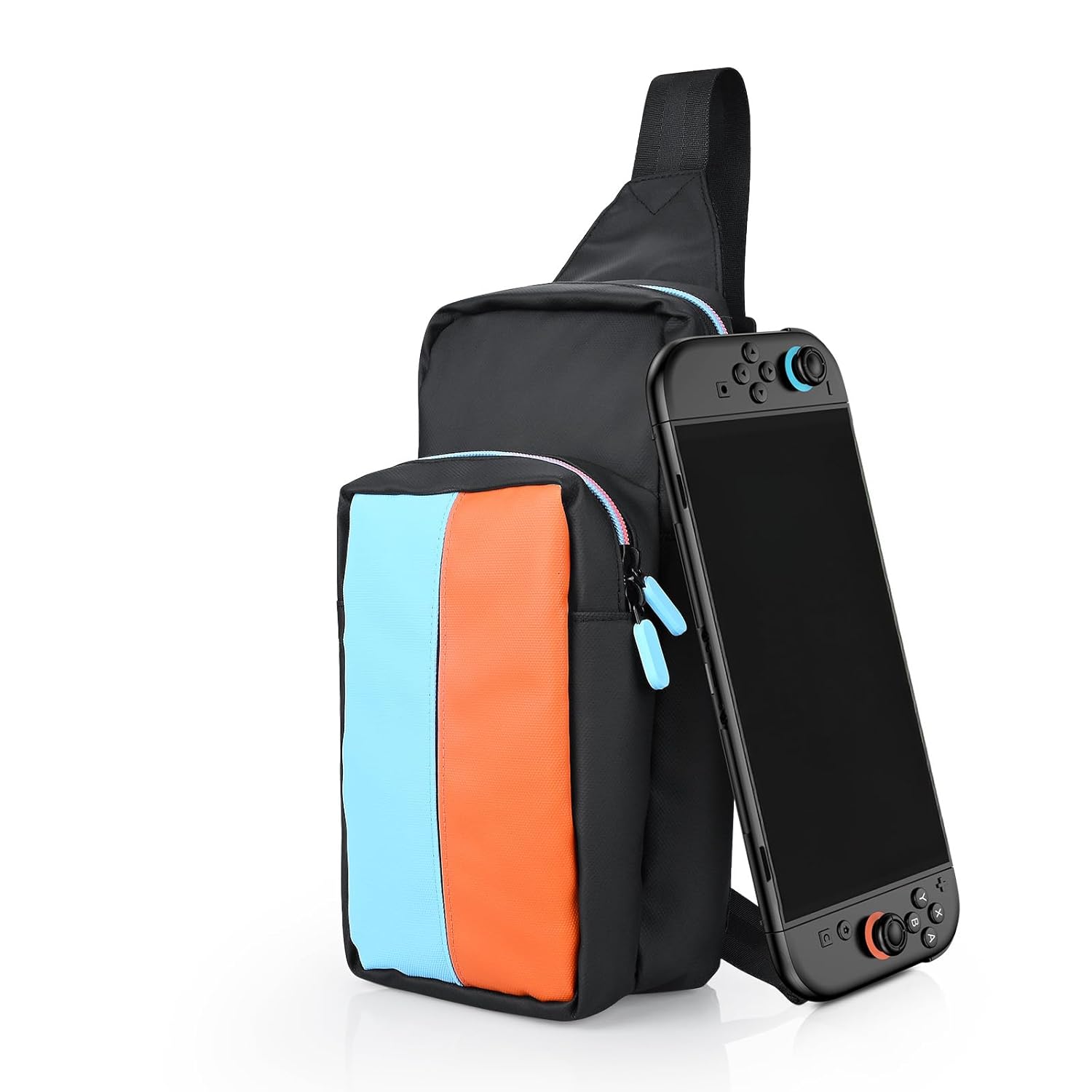 MMOBIEL Travel Crossbody Bag for Nintendo Switch 2 Adjustable Shoulder Sling Backpack for Joy-Cons, Console & Accessories – Portable Gaming Storage Bag – Carrying Case - Blue/Orange