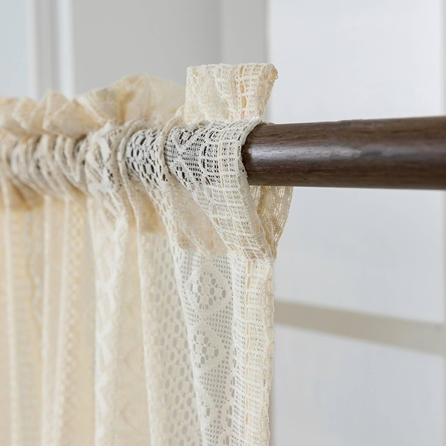 Daesar Window Curtains 2 Panel Sets 84 Inch Length, Rod Pocket Sheer Curtains Hollow Lace Geometric Striped Pattern Voile Curtains for Living Room Kitcken Window Treatment, 38x84 Inch Beige