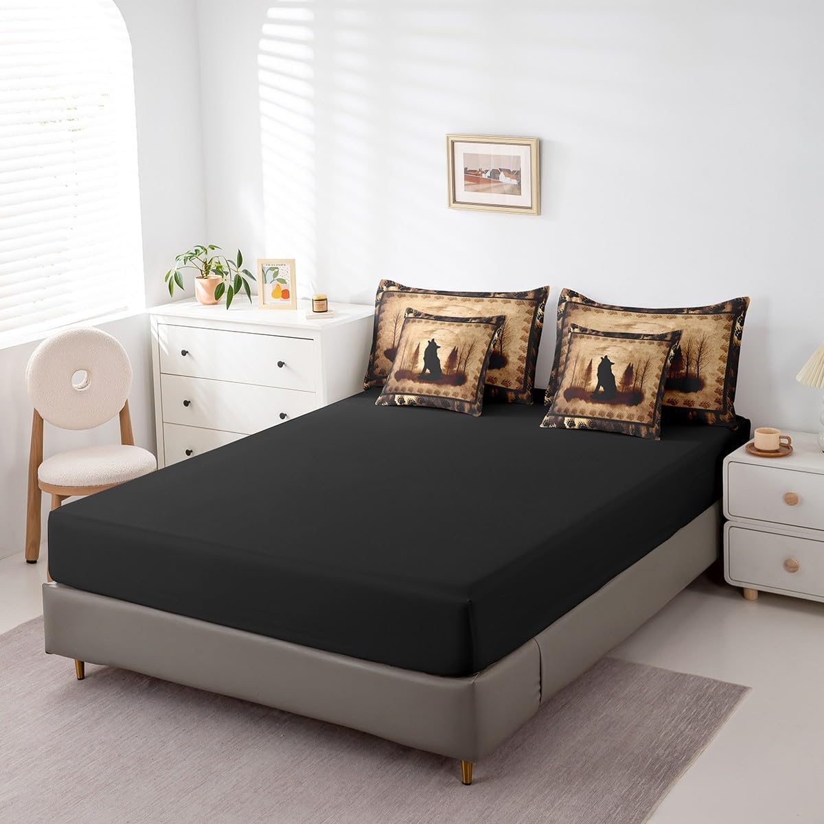 Feelyou Cute Wolf Comforter Set with Sheets 7 Piece Queen Size for Girls Boys Kids Wolves Howling Bed in a Bag Animal Wolves Tree Pattern Bedding Set Exotic Style Brown Black Bed Set