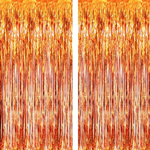 GOER 6.4 ft x 8.2 ft Metallic Tinsel Foil Fringe Curtains,Pack of 2 Party Streamer Backdrop for Birthday,Graduation Decorations and New Year Eve (Orange)