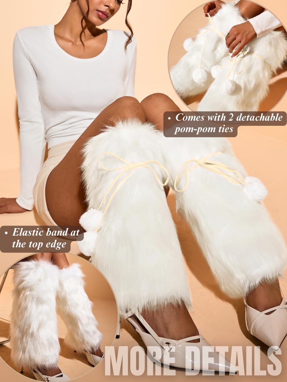 Kaei&Shi Fur Boot Covers with Pom-poms,Fuzzy Fluffy Leg Warmers For Women,Furry Boots Cuff Concert Rave Christmas - Image 3