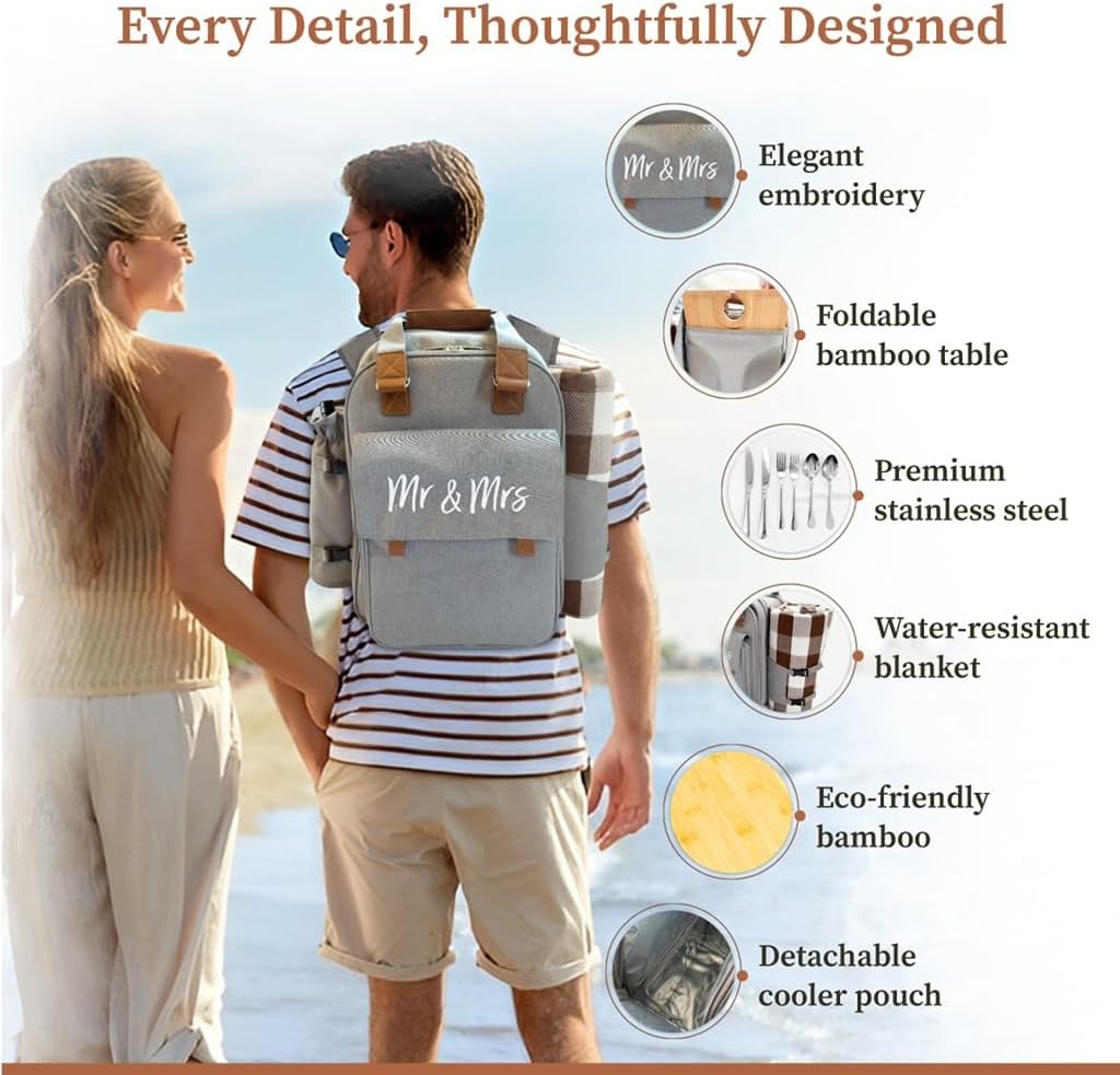 Insulated Picnic Backpack for Couples with Collapsible Bamboo Table – Waterproof Blanket, Wine Glass Holder, Stainless Steel Utensils – Wedding, Engagement, Anniversary, Bridal Gift for 2