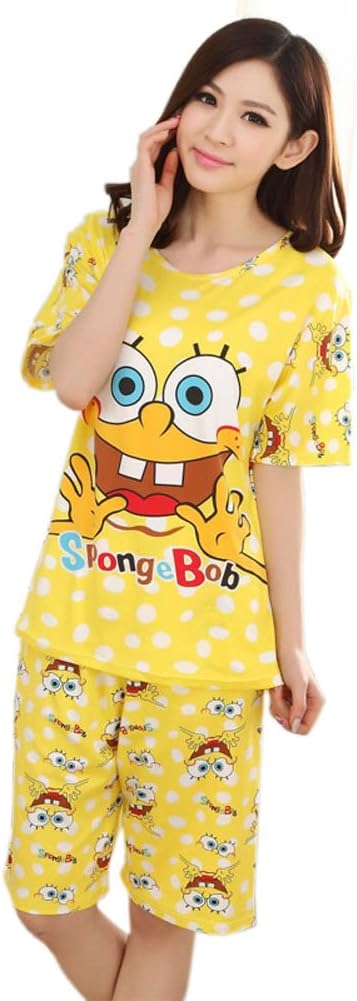 Meilaier Women's Yellow Spongebob Squarepants Short Sleeve Cartoon Pajamas Set (XL)