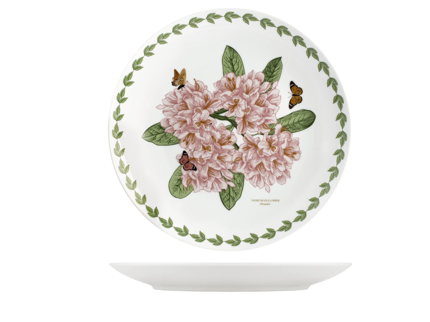 H&H Set di 6 Piatti Piani, Flowers, in Porcellana, 27 cm, Bordo Decorato in Verde con Illustrazioni Botaniche Assortite, Lavabili in Lavastoviglie e Adatti al Microonde