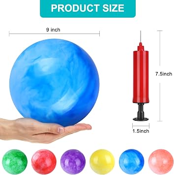 6 Pcs Playground Balls with Pump, 9 inch Inflatable Marbleized Bouncy Balls for Kids Beach, School, Kickball DodgeBalls and Indoor Outdoor Plays