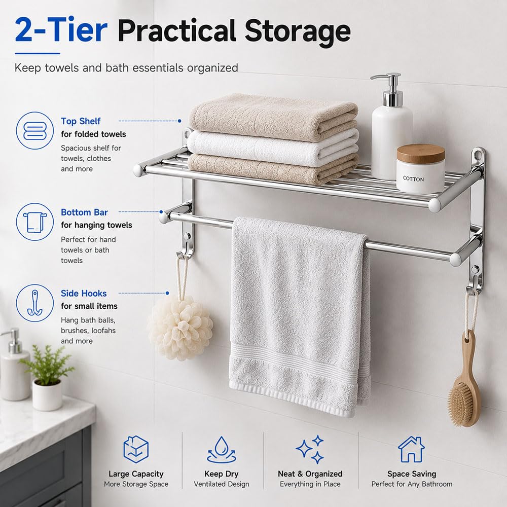 Porta Asciugamani da Parete 2 Livelli con Mensola, con Ganci e Viti | Portasciugamani Bagno Allungabile 43-76 cm, Porta Salviette da Muro Acciaio Inox, per Bagno, Cucina, Hotel (Argento)