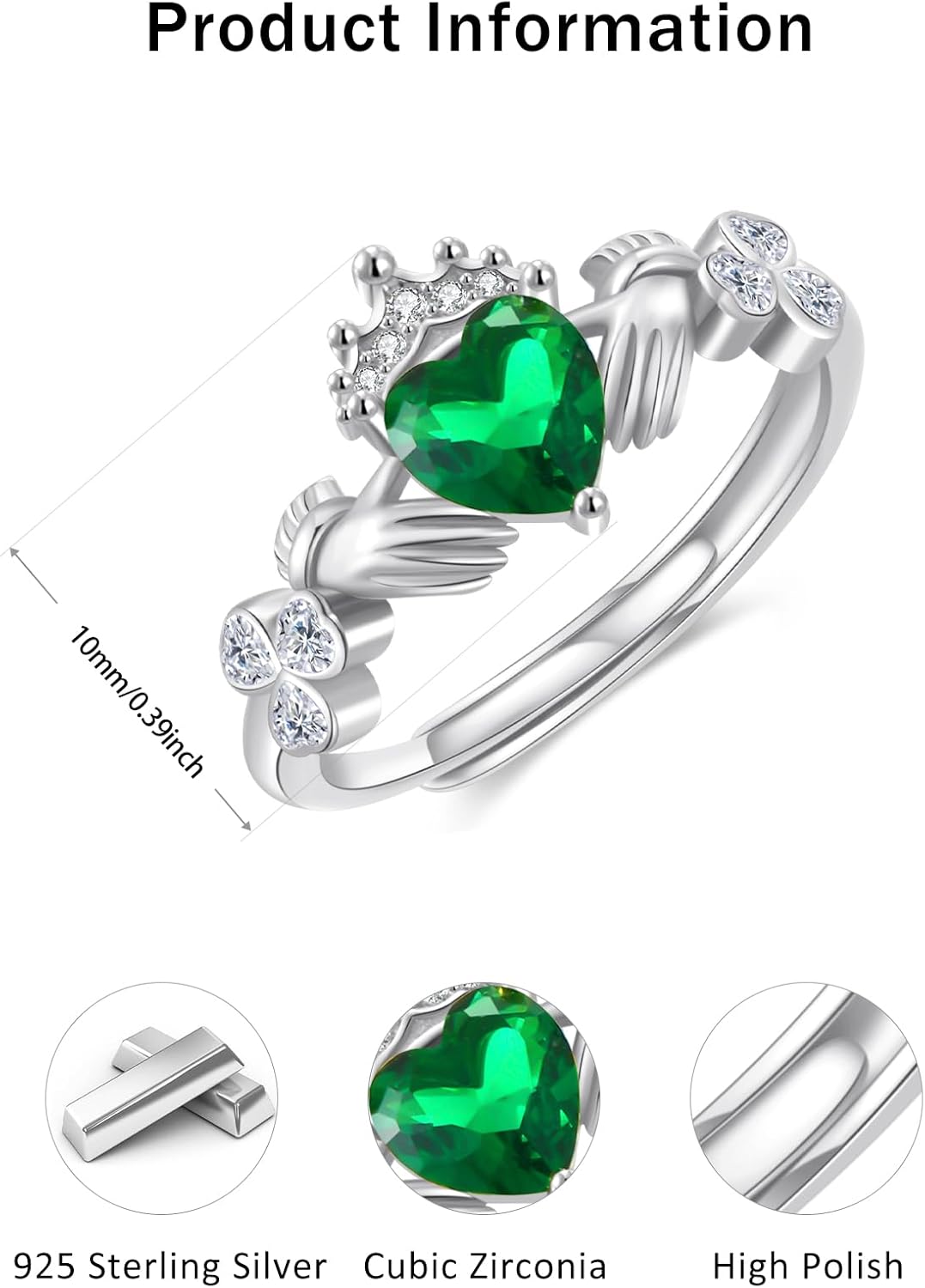 Dreamboat Sterling Silver Claddagh Rings for Women Irish Rings Clover Shamrock Green Heart Irish Gift Made In Ireland Luck Scottish Jewelry