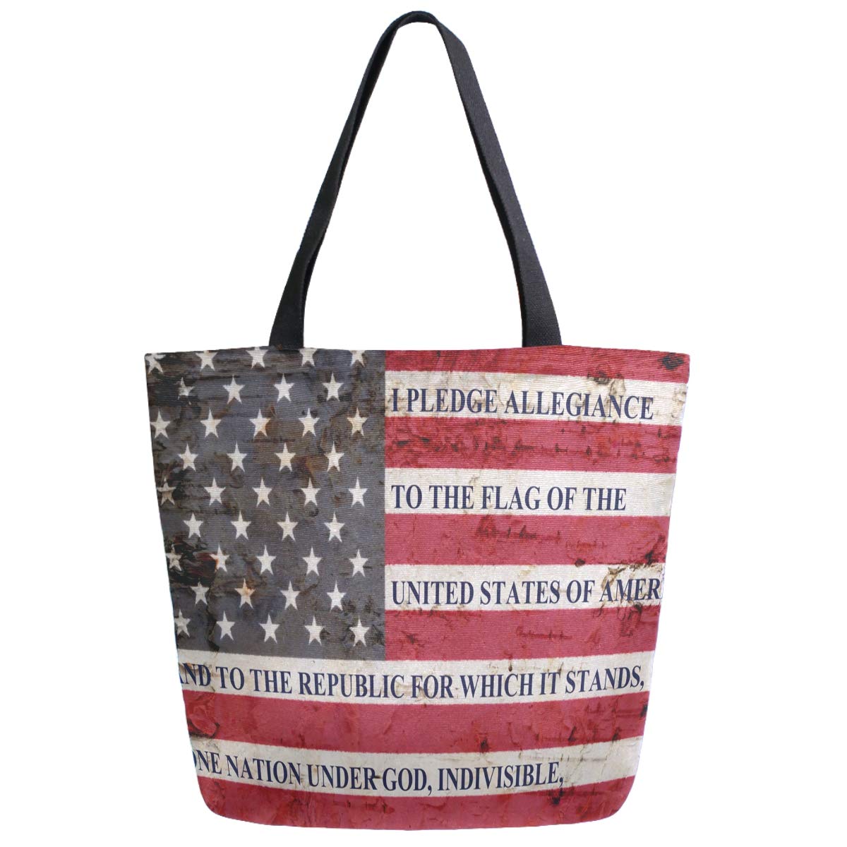 ZzWwR Chic Extra Large Shoulder Grocery Tote Bag, Patriotic USA Flag with Pledge of Allegiance Canvas Portable Tote Shoulder Bag for Gym Beach