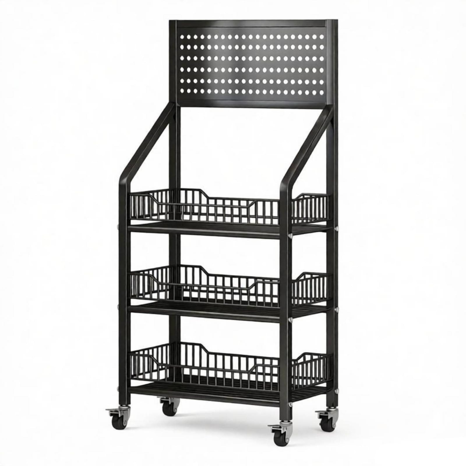 Étagère sur Roulettes avec Crochets Métallique Étagère Rangement avec Roulettes Mobile Meuble pour Cuisine, Bureau, Entrée, Noir, Trois Niveaux 50cm