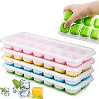 Kit 4 Formas de Gelo em Silicone com Tampa, BPA Free, 14 Cubos, Empilhável, Desenforme Fácil