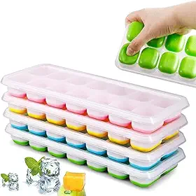 Kit 4 Formas de Gelo em Silicone com Tampa, BPA Free, 14 Cubos, Empilhável, Desenforme Fácil