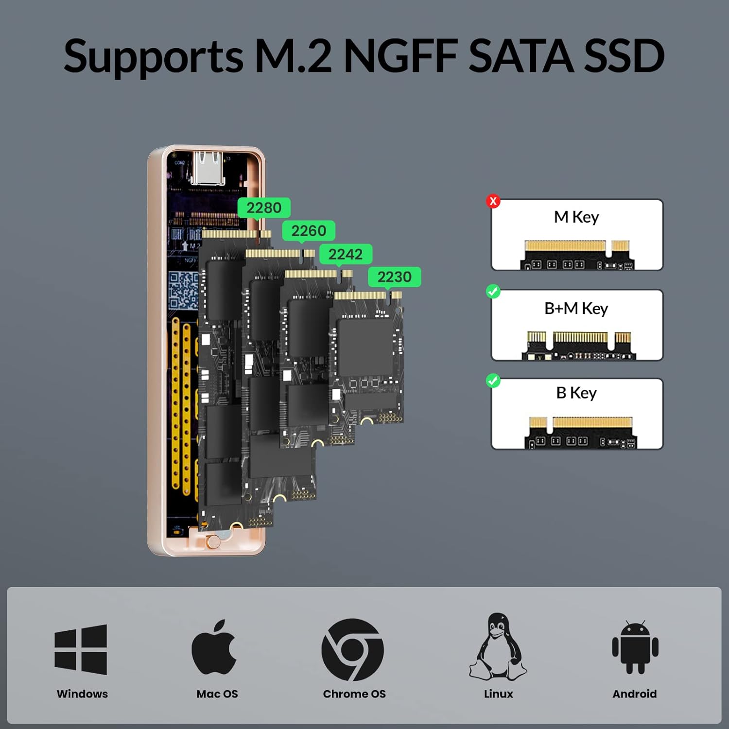 M.2 SATA SSD Enclosure Reader, USB C Cable