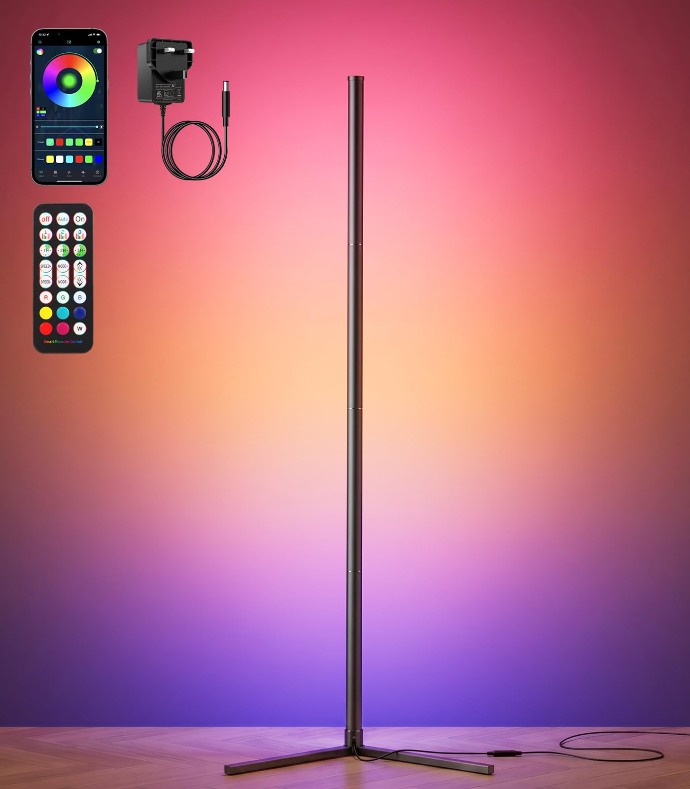 riyo LED Floor Lamp, 2400LM Bright RGB Corner Floor Lamp with 168 LEDs & Independent White Light, Smart APP/Remote Control Standing Lamp with Music Sync, for Living Room Bedroom Gaming (Black)