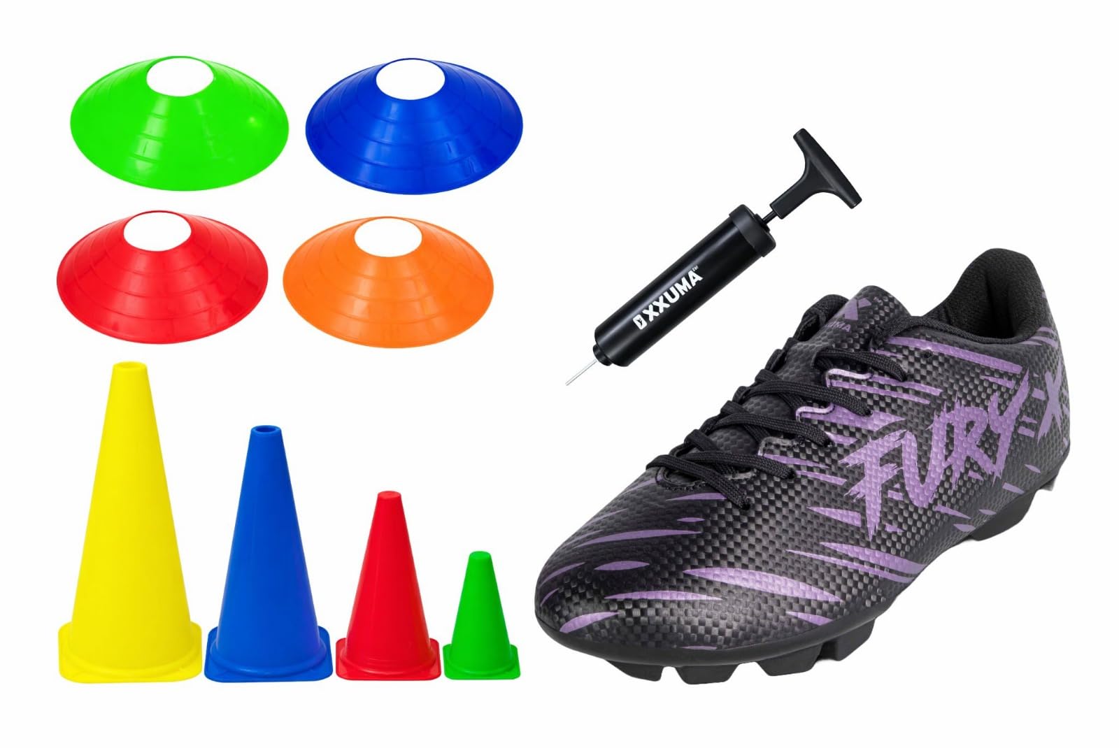 Soccer Training Equipment Combo Pack, Multi-Color Saucer Cones and Marker Cones with Ball Pump and Cleats for Sports Practice, Agility Training