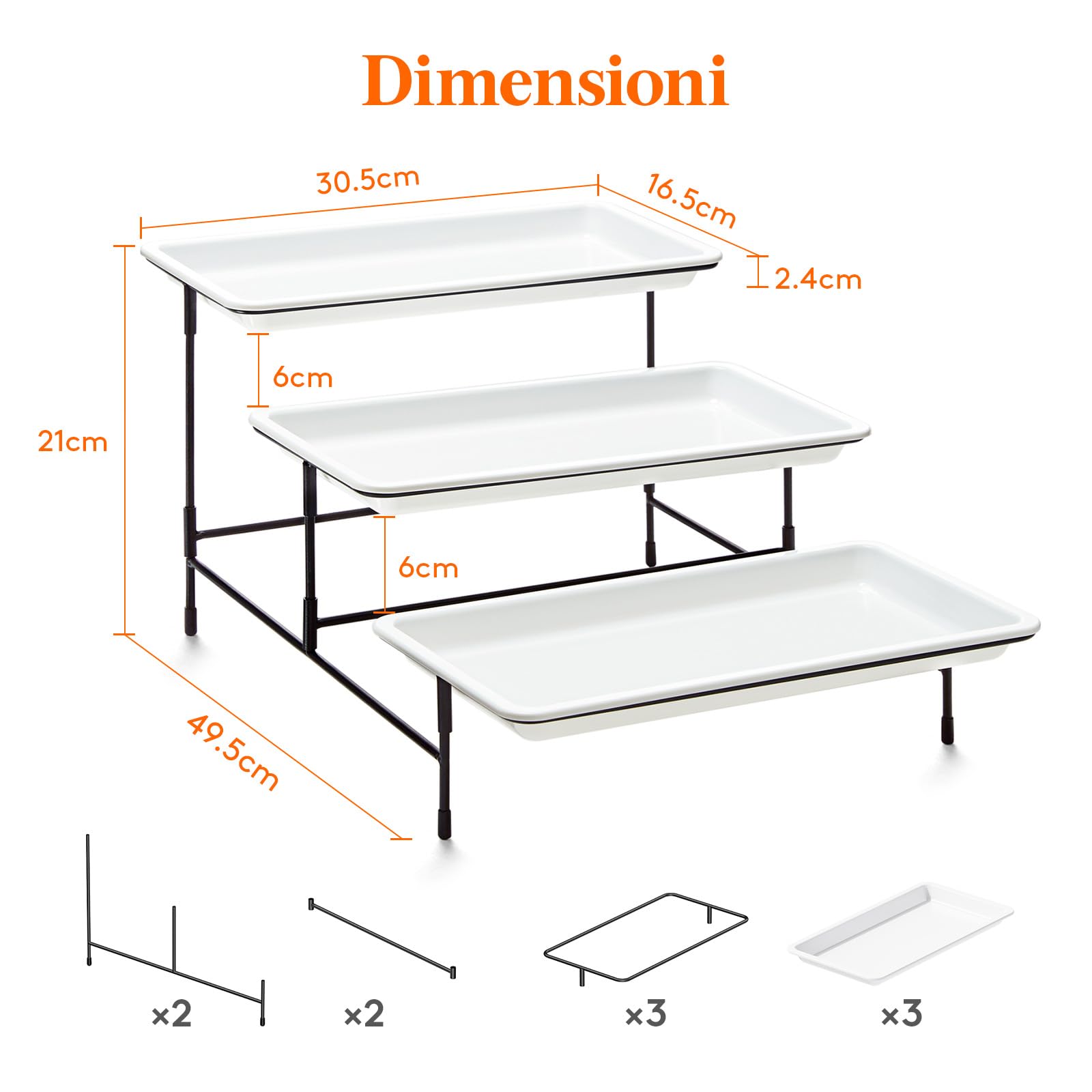 Lifewit Vassoio da Portata 3 Piatti, Vassoio Plastica Rettangolo 30×17cm, Alzate per Buffet Dolci, Portafrutta da Tavolo, Cucina Decorativo, Vassoi e Piatti con Rastrelliera in Metallo Nero