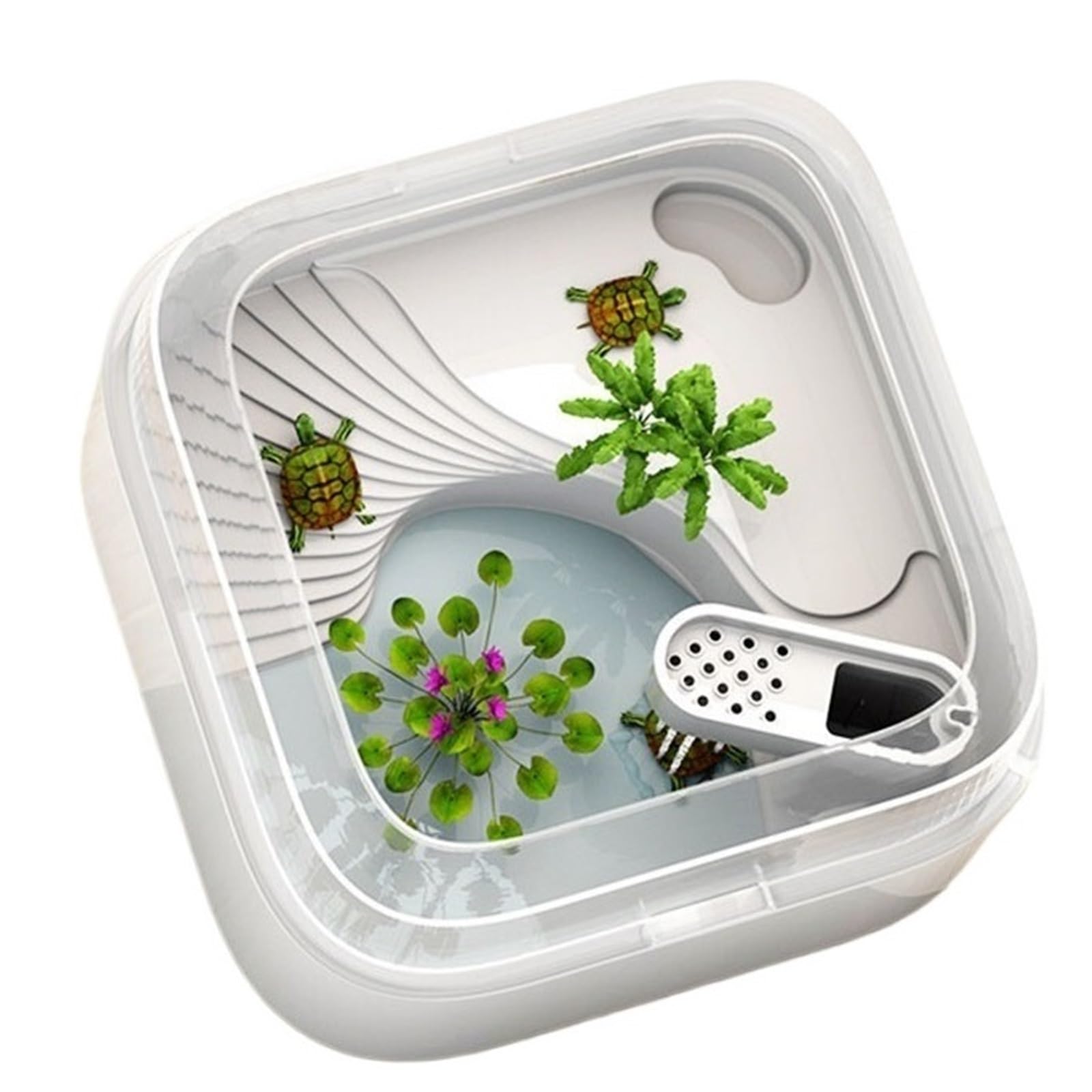 Siedlisko terrarium Kwadratowy zbiornik do karmienia żółwi i proste gospodarstwo domowe z platformą suszenia na słońcu filtrem Terrarium akwariowe(Średni)