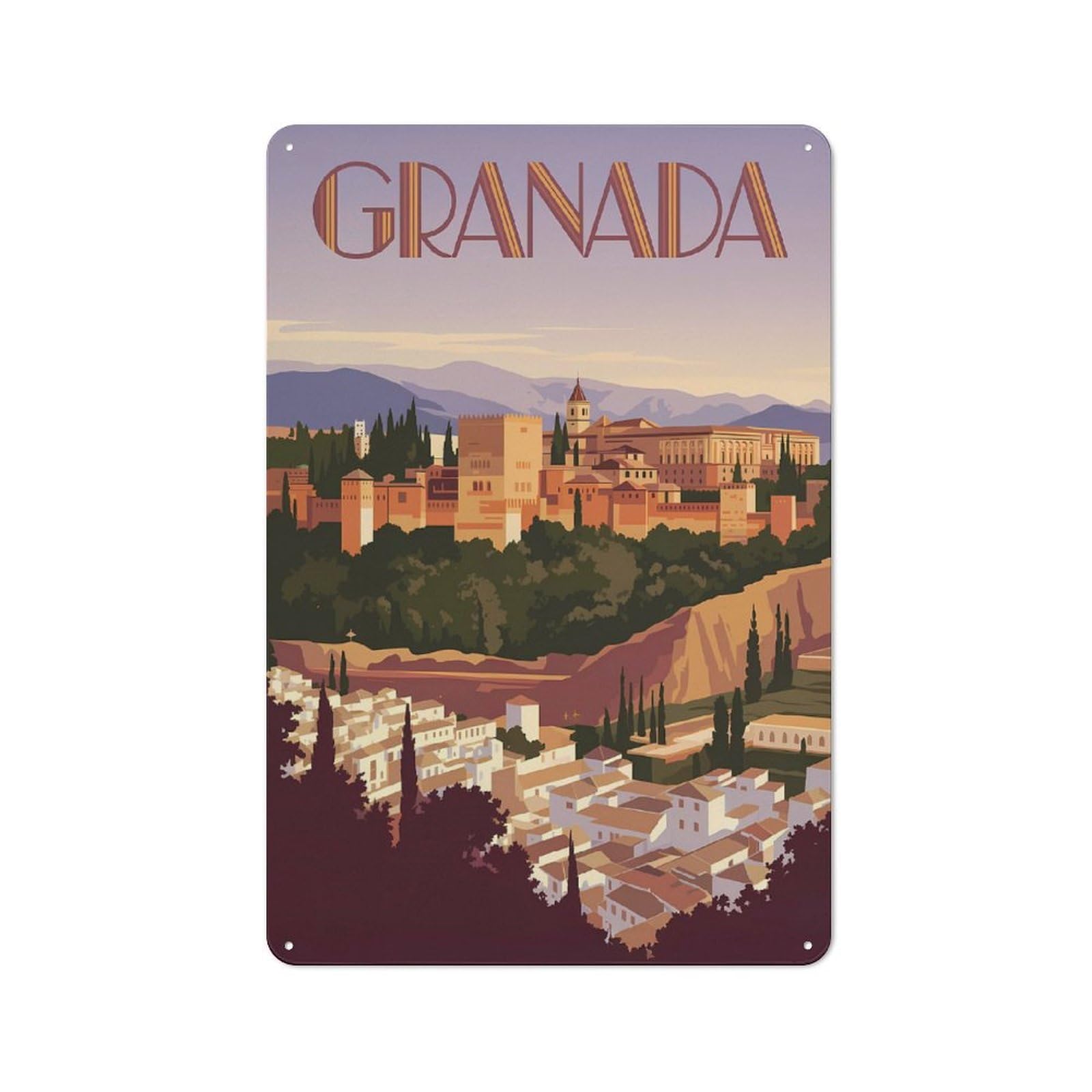 Junmoney Style-1 Granada Cityscape Travel Retro Metal Wall Decor 30X20cm, Vintage Metal Sign For Cafe, Pub, Workshop Or Home Bar