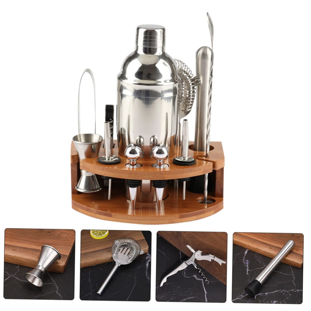 Set Shaker Cocktail 12 Pezzi in Acciaio Inox Base in Bambù | Attrezzatura Barman, Supporto Portaoggetti in Bambù, da 12 Pezzi per Bar e Riunioni in Famiglia