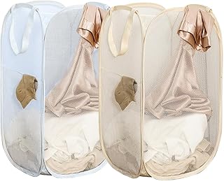 2Pcs Pop Up Hampers for Cruise, Folding Laundry Basket Space Saving Design, Dirty Clothes Hamper for Bedroom, Hotel, RV, Travel (White+Beige)