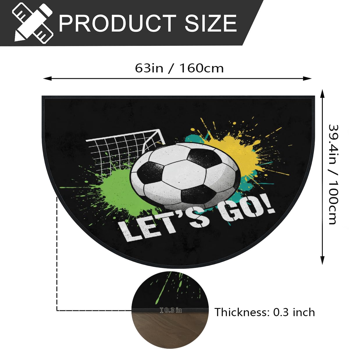 Große halbrunde Fußmatte, Fußball, rutschfest, saugfähig, halbrund, für Eingangsbereich, niedlich, weich, waschbar, halbrund, Teppich für Küche, Badezimmer, Schlafzimmer, 160 x 100 cm