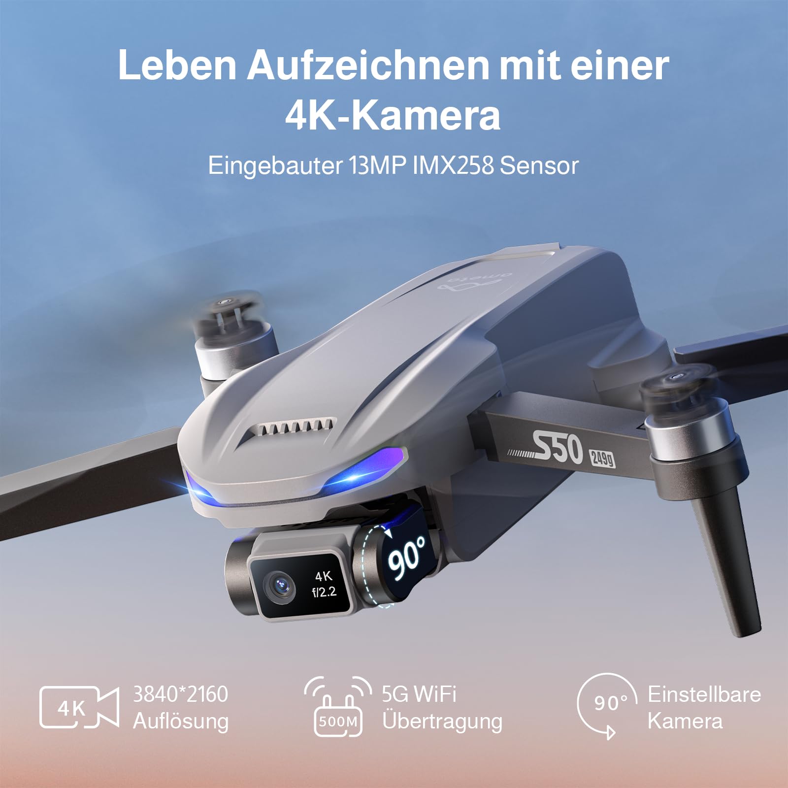 Ameta S50 Lite Drohne mit Kamera 4K und GPS Auto Return, Unter 249g | Drone für Kinder und Erwachsene, 50 Minuten Flugzeit, FPV, Follow Me, Intelligent Mode, Gestensteuerung, 500M Reichweite