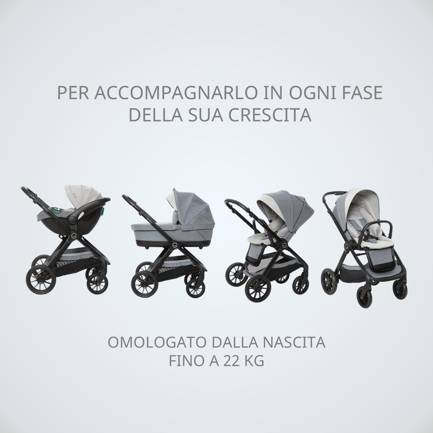 Giordani Trio Sistema Modulare G-Comfort, Passeggino Chiusura Automatica Fronte Mamma Strada 0-22kg, Navicella e Seggiolino Auto con Tasti Memory, Ruote Ammortizzate