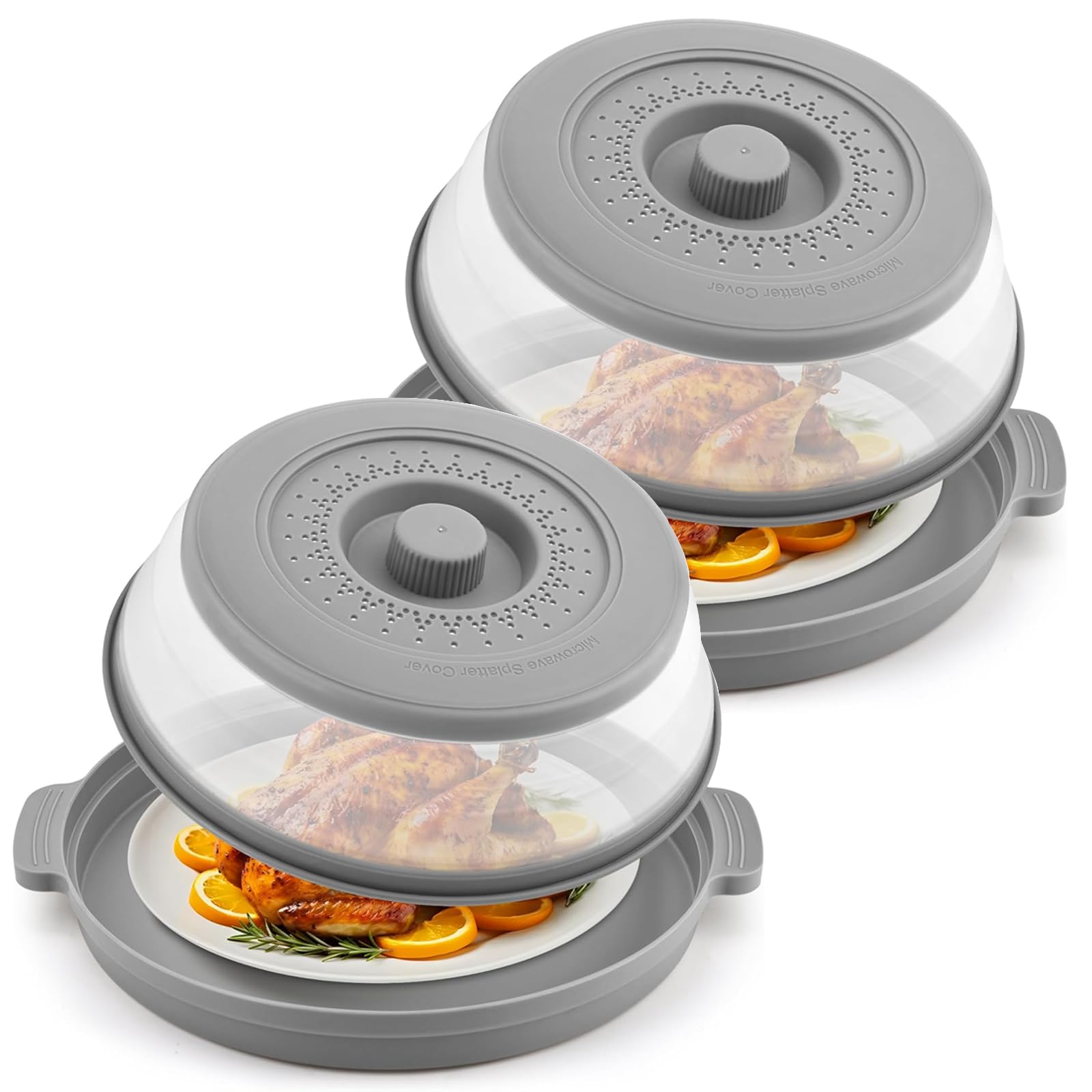 Photo 1 of 2 Pack Microwave Splatter Cover for Food with Anti-scald Base Plate,Large Plastic & Silicone Vented Avoid Scalding Collapsible Guard Lid,Kitchen Essential Gadgets for Meal Prep-10.7 Inch