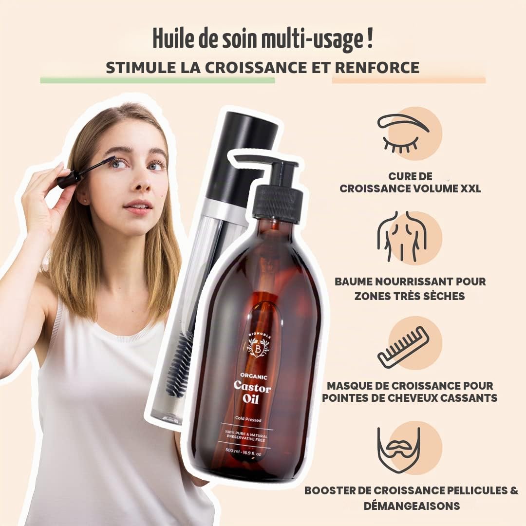 Bionoble Huile de Ricin Bio 500ml - 100% Pure, Naturelle et Pressée à Froid & Gel Aloe Vera Bio 100% Pur Aloe 200ml - Flacon Verre Recyclable + Pompe - Gel Aloe Vera Cheveux Bouclés