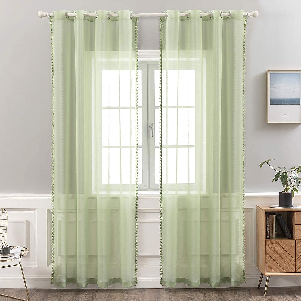 MIULEE Tende voile palline peluche passanti 2pz L140xA225 Verde | Tende voile trasparenti poliestere con passanti; modello con palline peluche decorativo per soggiorno, camera e cucina
