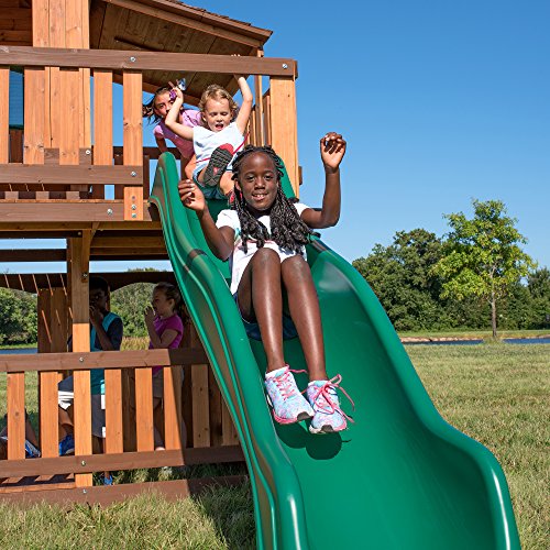 Backyard Discovery Woodridge Elite All Cedar Wood Swing Set, Upper And Lower Deck, Sandbox, Vented Tunnel, Rock Climbing Wall, Coated Rope Belted Swings, Acrobat Bar, Bench Seating, 10 Ft Slide #TOP4