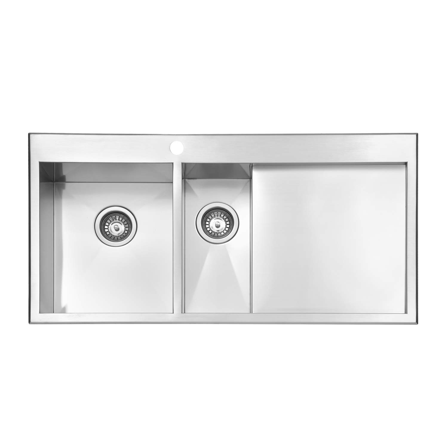 JASS Ferry - Lavello da cucina in acciaio INOX di alta qualità, spessore 1,2 mm, realizzato a mano, 1,5 ciotole, scolapiatti a destra con filtro per tubi di scarico