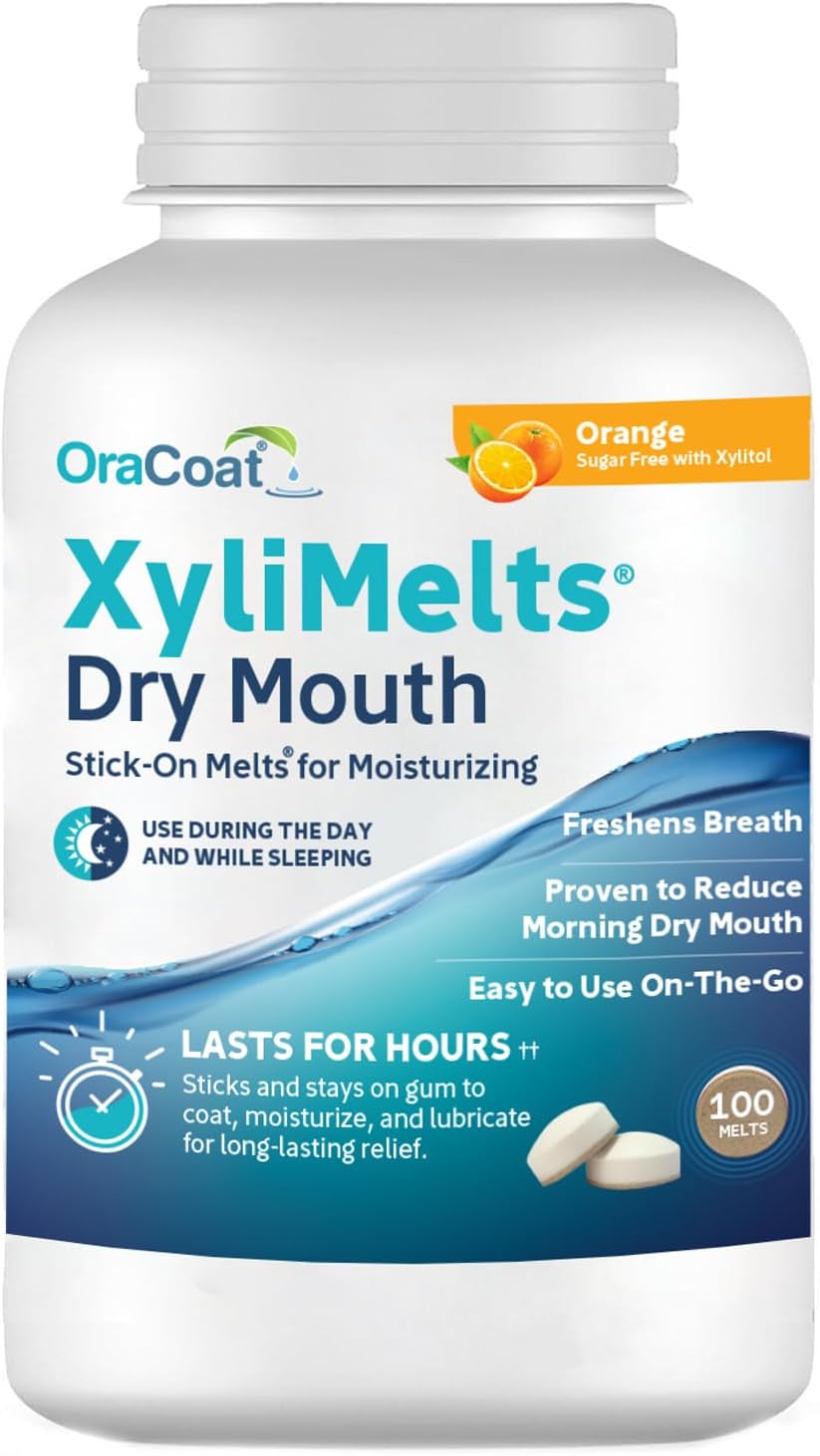 XyliMelts Dry Mouth Relief Moisturizing Stick-On Melts Orange with Xylitol, For Dry Mouth, Stimulates Saliva, Non-Acidic, Day and Night Use, Time Release for up to 8 Hours, 100 Count