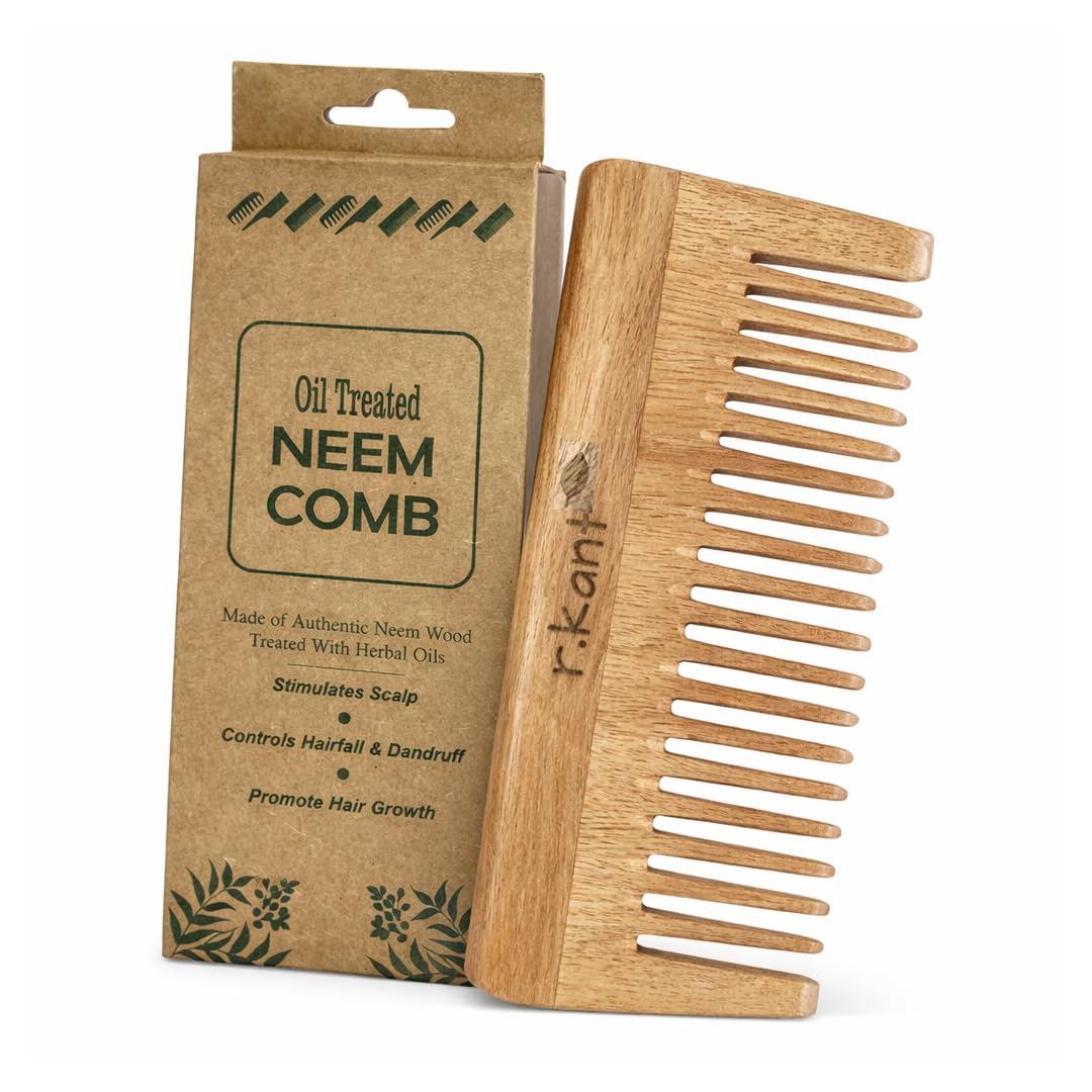 R.Kant Neem Wooden Hair Comb | Wide Teeth Detangler | Natural Hair Care | Shampoo Comb | Gentle on Scalp | 1 Piece-image-40