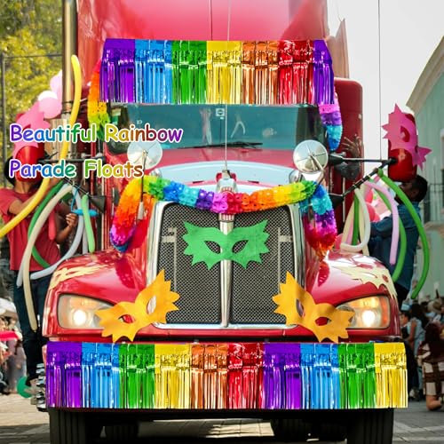 Image of 4 Packs Total 39 Ft Rainbow Parade Floats for Trailer Car, Colorful Foil Fringe Garland Tinsel Streamers Hanging Banner Table Skirts for Graduation Homecoming Holiday Birthday Pride Party Decor