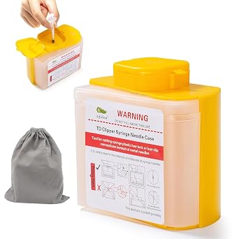 Needle Clipper Sharps Container for The Disposal Syringe Needle Suitable for Home and Travel, Compatible with 1/3-100cc Insulin Syringes, with Grey Portable Drawstring Pounch