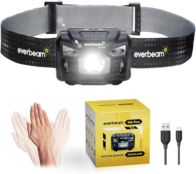 Latarka czołowa Everbeam H6 Pro LED, Sterowana czujnikami ruchu, Jasność: 650 lumenów, Czas pracy do 20 godzin, Latarka czołowa z akumulatorem 1200 mAh ładowanym przez USB