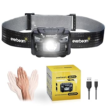 Everbeam H6 Pro LED Rechargeable Headlamp, Motion Sensor Control, 650 Lumen Bright 30 Hours Runtime 1200mAh Battery Powered USB Headlight Flashlight, Camping Hiking Night Fishing Work Waterproof Torch