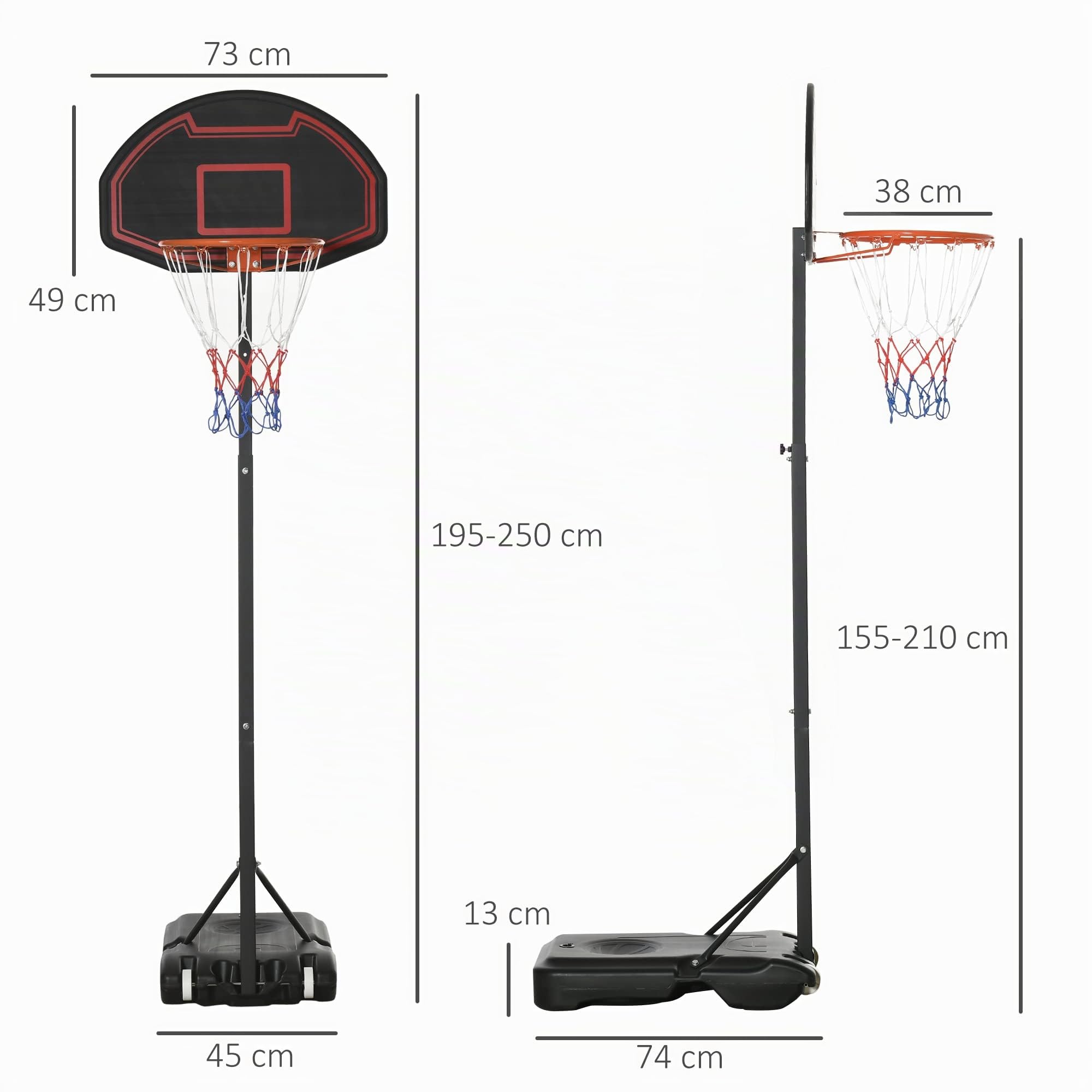 HOMCOM Basketballkorb Outdoor 155–210cm Höhenverstellbar Basketball-Backboard Ständer mit Rädern Basketballkorb mit Ständer geeignet für 8-14 Jahre Kunststoff Stahl Schwarz