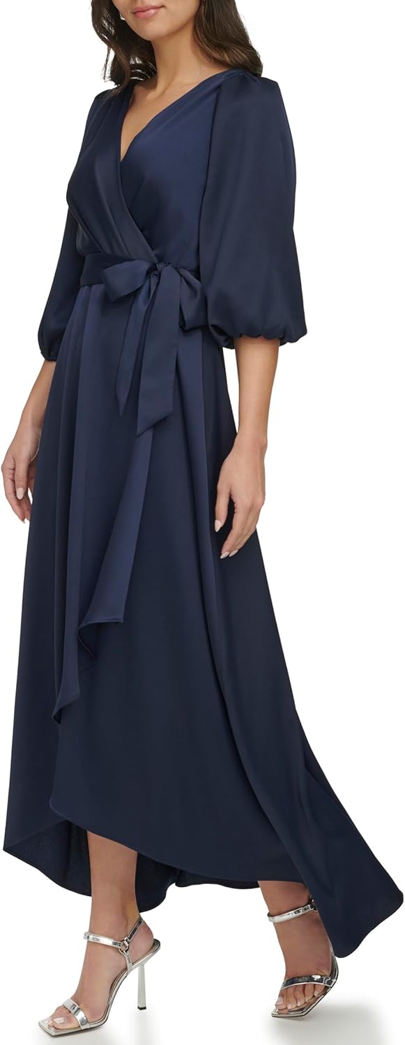 DKNY Womens Balloon Sleeve Satin Faux Wrap Maxi Dress - Image 4