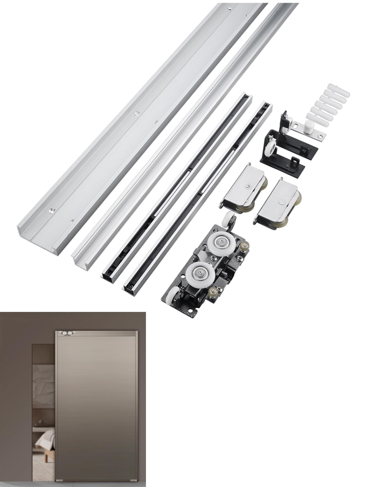 Heavy Duty Concealed Sliding Barn Door Hardware Set Floating Door with Wall - Mount Design. Features Soft - Close functionality for a Quiet and Smooth Operation(120cm)